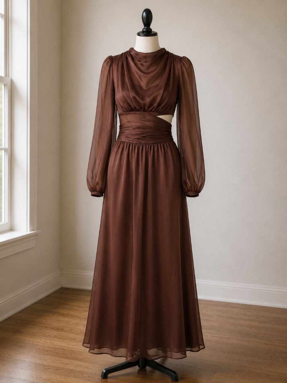 NWT Petal & Pup Neveah Brown Chiffon Cutout Maxi Dress Sz 8 Wedding Guest